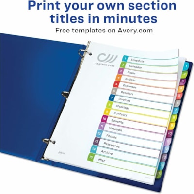 Avery® Ready Index® Customizable Table of Contents Dividersfor Laser and Inkjet Printers, 15 tabs, 1 set - 15 x Divider(s) - 15 Printed Tab(s) - Digit - 1-15 - 15 Tab(s)/Set - 8.50" (215.90 mm) Divider Width x 11" (279.40 mm) Divider Length - Letter - 8.50" (215.90 mm) Width x 11" (279.40 mm 1-15 NUMBERED TABS  PAPER CONTEMPORARY MULTI COLOURS