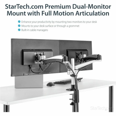 StarTech.com Desk Mount Dual Monitor Arm, Full Motion, Premium Dual Monitor Mount for up to 30"(19.8lb/9kg) VESA Mount Monitors, Tool-less - Save space and work in comfort with this premium desk mount dual monitor arm - Mount two displays up to 30" horizontally or displays up to 24" vertically - Ful  MNT 