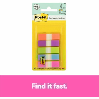 Post-it® - Languettes dans un distributeur de poche - Couleurs vives - largeur de drapeau/note 1/2 po (12,70 mm) x longueur de drapeau/note 1 3/4 po (44,45 mm) - Orange, Pourpre, Vert, Bleu, Rose - Amovible - 100 / emballage  