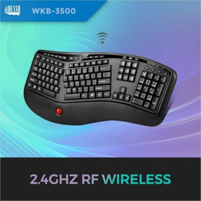 Adesso 2.4 GHz Wireless Ergonomic Trackball Keyboard - Wireless Connectivity - RF - 30 ft (9144 mm) - 2.40 GHz - USB Interface - 105 Key(s) - Next Track, Previous Track, Refresh, Search, Forward, Wake-up, Play/Pause, Volume Up, My Computer, Mute, Sleep, ... Hot Key(s) - English (US) - QWERTY Layout  s Media Ergonomic Trackball ke yboard with 20 windo