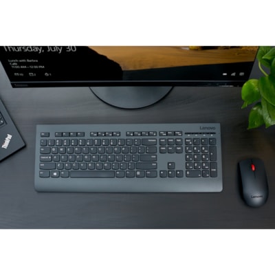 Lenovo Professional Wireless Keyboard and Mouse Combo - USB Wireless RF 2.40 GHz Keyboard - English (US) - Black - USB Wireless RF Mouse - Laser - 1600 dpi - Scroll Wheel - Black - Media Center Hot Key(s) - Symmetrical - AA - Compatible with PC SE 