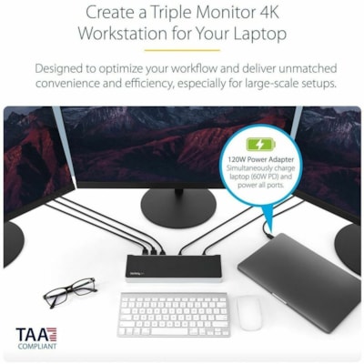 StarTech.com 4K USB-C Dock, Triple UHD 4K Monitor Docking Station, Mac & Windows, HDMI & DisplayPort, 60W PD, 5x USB 5Gbps Hub, TAA - USB-C Dock 3 video outputs, 60W PD - 4x USB-A, 1x USB-C 5Gbps, NIC, headset, K-Slot - Triple monitor on base M-Series MacBook Pro/Air - Works w/ USB-C, USB4, Thunderb  
