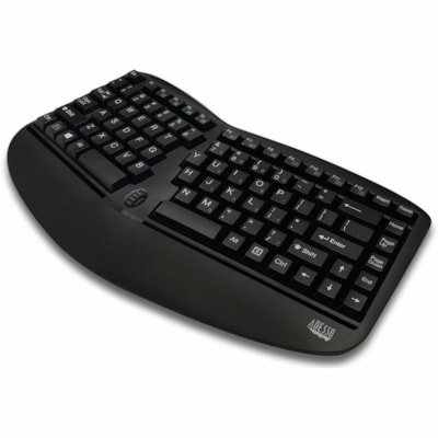 Adesso Tru-Form Wireless Ergo Mini Keyboard & Mouse - USB Membrane Wireless RF Keyboard - 87 Key - English (US) - Black - USB Wireless RF Mouse - Optical - 1600 dpi - Scroll Wheel - QWERTY - Black - Play/Pause, Stop, Forward, Volume Up, Volume Down, Mute, Skip Backward Hot Key(s) - Right-handed - AA  