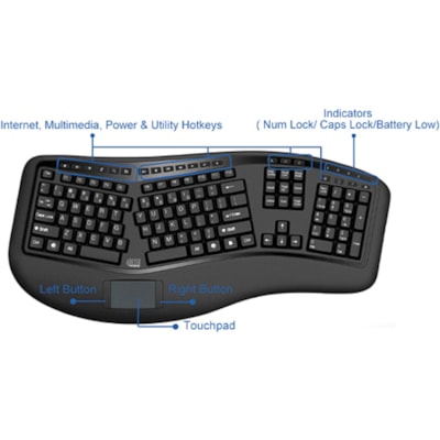 Adesso 2.4GHz Wireless Ergonomic Touchpad Keyboard - Wireless Connectivity - RF - 30 ft (9144 mm) - 2.40 GHz - USB Interface - 105 Key(s) - 20 Hot Key(s) - Previous Track, Next Track, Play/Pause, Volume Up, Volume Down, Mute, Forward, Search, Wake-up, My Computer, Sleep, ... Hot Key(s) - Windows 10, m Media 3D  Ergonomic  Touchpa d Keyboard  with  sp