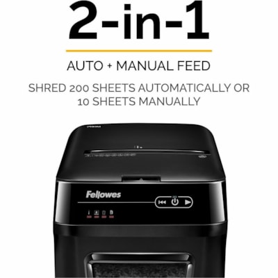 Fellowes AutoMax(tm) 200M Auto Feed Shredder - Non-continuous Shredder - Micro Cut - 200 Per Pass - for shredding Staples, Credit Card, Paper - 0.1" (1.98 mm) x 0.5" (13.87 mm) Shred Size - P-5 - 2.20 in/s (55.88 mm/s) - 9" (228.60 mm) Throat - 25 Minute Run Time - 25 Minute Cool Down Time - 32.1 ed Micro-Cut Shredder 