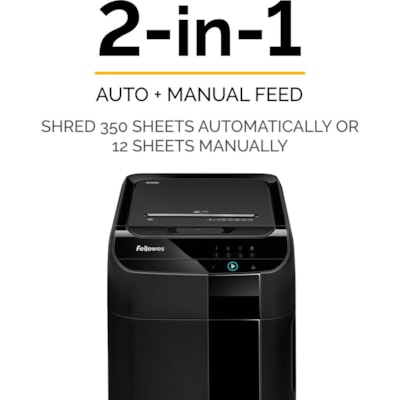 Fellowes AutoMax(tm) 350C Auto Feed Shredder - Non-continuous Shredder - Cross Cut - 350 Per Pass - for shredding Staples, Paper Clip, Paper, CD, DVD, Credit Card, Junk Mail - 0.2" (3.96 mm) x 1.5" (38.10 mm) Shred Size - P-4 - 2.20 in/s (55.88 mm/s) - 9" (228.60 mm) Throat - 45 Minute Run Time - 350 SHEETS AUTO/12 MANUAL 18 GALLON BIN