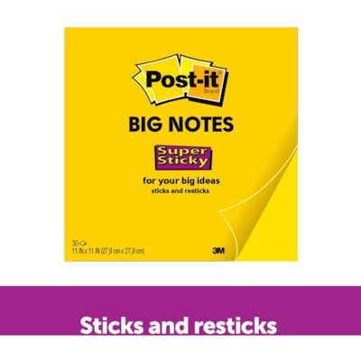 Post-it® - Feuillet adhésif Super Sticky - largeur de drapeau/note 10 63/64 po (279 mm) x longueur de drapeau/note 10 63/64 po (279 mm) - Carré - 30 Feuilles par bloc - Jaune canari - 1 chaque SUPER COLLANT  JAUNE ÉCLATANT 