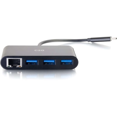 C2G USB C Ethernet and 3 Port USB Hub - Black - USB Type C - External - 3 USB Port(s) - 1 Network (RJ-45) Port(s) - 3 USB 3.0 Port(s) (3) USB-A Female  (1) RJ-45 Fe male - Small form fa