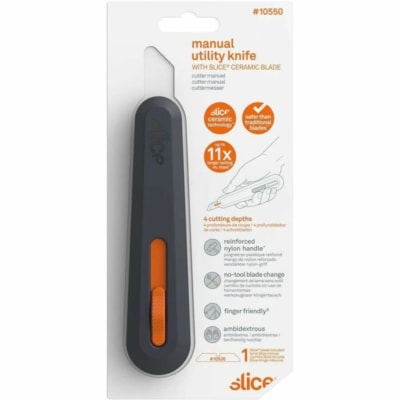 Slice Manual Utility Knife - Zirconium Oxide Blade - 0.83" (21.08 mm) Height x 1.40" (35.56 mm) Width x 6.06" (153.92 mm) Length - Ambidextrous, Durable, Handle, Lanyard Hole, Long Lasting, Retractable, Lockable Blade, Sturdy, Portable, Lightweight, Rust Resistant, ... - Polyoxymethylene (POM), Glas HANDLE TYPE-5 POSITION 