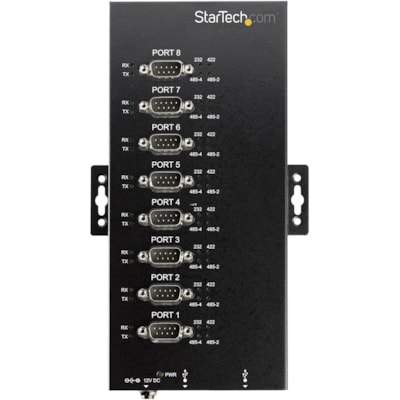 StarTech.com USB to RS232/RS485/RS422 8 Port Serial Hub Adapter - Industrial Metal USB 2.0 to DB9 Serial Converter - Din Rail Mountable - Industrial 8 port serial hub 15kV Level 4 ESD - IP30 rating Metal USB to serial adapter converter w/ each DB9 port set to RS232/RS422/RS485(2wire/4wire) baud rate 5kV Level 4 ESD - IP30 rating Metal USB to serial