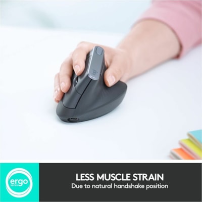 Logitech MX Vertical Advanced Ergonomic Mouse - Optical - Cable/Wireless - Bluetooth/Radio Frequency - Graphite - USB Type C - 4000 dpi - Scroll Wheel - 4 Button(s) - Right-handed - 1 Each ADVANCED ERGONOMIC USB  BLUETOOTH  2.4GHZ