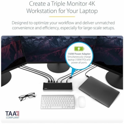 StarTech.com 4K USB-C Dock, Triple UHD 4K Monitor Docking Station, Mac & Windows, HDMI & DisplayPort, 100W PD, 5x USB 5Gbps Hub, TAA - USB-C Dock 3 video outputs, 100W PD - 4x USB-A, 1x USB-C 5Gbps, NIC, headset, K-Slot - Triple monitor on base M-Series MacBook Pro/Air - Works w/ USB-C, USB4, Thunde  