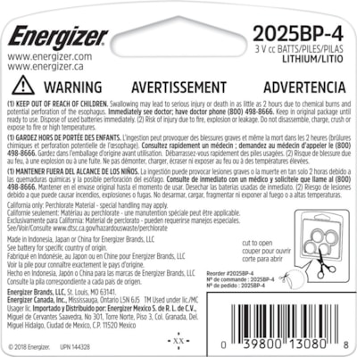 Energizer Battery - For Heart Rate Monitor, Glucose Monitor, Keyless Entry, Keyfob Transmitter, Watch, Toy, Game - CR2025 - 3 V DC - 4 Pack BATTERY  10 YEAR SHELF LIFE 