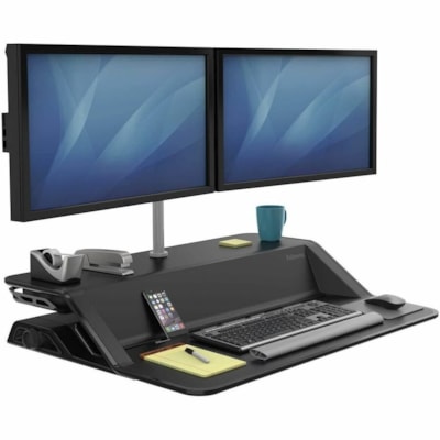 Fellowes Lotus Multipurpose Desktop Riser - 35 lb (15875.73 g) Load Capacity - 5.50" (139.70 mm) Height x 32.70" (830.58 mm) Width x 24.20" (614.68 mm) Depth - Desk - Plastic, Steel - Black - For Workstation, Tablet, Smartphone, Accessories, Keyboard - Sit-stand, Ergonomic Handle, Cable Management  Workstation 