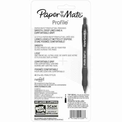 Paper Mate Profile Gel Pen - 0.7 mm (0.03") Medium Pen Point - Retractable - Black, Blue, Red, Assorted Ink - Gel-based - Assorted Barrel - 4 / Pack  