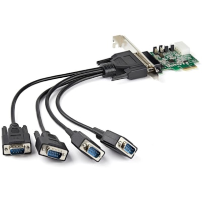 StarTech.com 4-port PCI Express RS232 Serial Adapter Card - PCIe to Serial DB9 RS-232 Controller Card - 16950 UART - Windows/Linux - 4 port PCI Express RS232 serial controller card w/16950 UART/ASIX AX99100 - Bi-directional speeds 921.6Kbps/port | 256 byte FIFO | 9th data bit - Pin 9 pwr out 5v/12v/  CTLR 