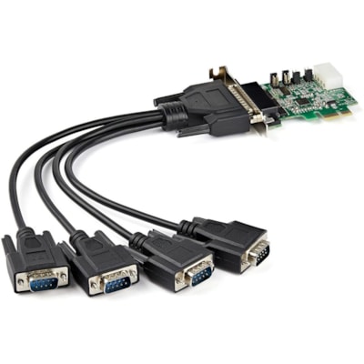 StarTech.com 4-port PCI Express RS232 Serial Adapter Card - PCIe Serial DB9 Controller Card 16950 UART - Low Profile - Windows/Linux - 4 port PCI Express RS232 serial controller card w/16950 UART/ASIX AX99100 - Bi-directional speeds 921.6Kbps/port | 256 byte FIFO | 9th data bit - Pin 9 pwr out 5v/12  CTLR 