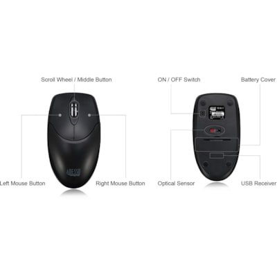 Adesso Antimicrobial Wireless Desktop Mouse - Optical - Wireless - 30 ft (9144 mm) - Radio Frequency - 2.40 GHz - Black - USB Type A - 1200 dpi - Scroll Wheel - 3 Button(s) - Symmetrical - 2 x AAA Battery Supported  MOUSE 