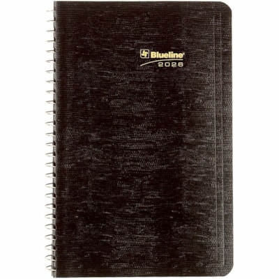Blueline 2026 Essential 12-Month Daily Planner - January to December - 8" x 5" - Black - Bilingual - Daily - 12 Month - January 2026 to December 2026 - 7:00 AM to 7:30 PM - Half-hourly - 1 Day Single Page Layout - 5" (127 mm) x 8" (203.20 mm) Sheet Size - Spiral Bound - Black - Paper - 8" (203 mm) H  