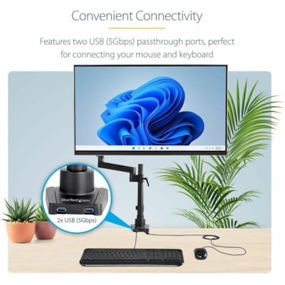 StarTech.com Desk Mount Monitor Arm with 2x USB 3.0 ports for VESA Display up to 34" (17.6lb/8kg), C-Clamp/Grommet, Mechanical Spring - VESA 75x75/100x100mm pole mount heavy duty single monitor arm for large 32in (16:9) or 34in (21:9/ultrawide) display up to 8kg; 2 USB 3.0 passthrough ports - Tilt/s  STND 