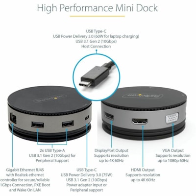 StarTech.com USB C Multiport Adapter - USB Type-C 10Gbps Mini Dock 4K 60Hz HDMI/DisplayPort/1080p VGA - 75W PD Passthrough, USB Hub & GbE - 10Gbps USB-C mini dock - Single 4K 60Hz monitor w/ DisplayPort 1.4 host (DP/HDMI 2.0 HDR) or 4K 30Hz w/ DP 1.2 host, or 1080p VGA - 2x USB-A/1x USB-C/GbE - USB-  