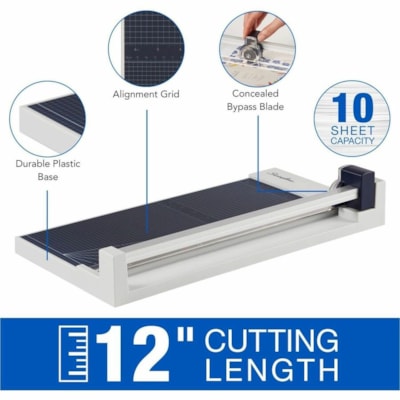 Swingline Classiccut Rotary Cutter - 10 Sheet Cutting Capacity - Stainless Steel Blade - 12" (304.80 mm) Cutting Length - Heavy Duty, Alignment Grid, Dual Scale Ruler - 1 Each BYPASS 10 TRIMMER  12" 10-SHEET; CONCEALED BLADE