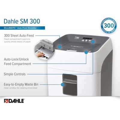 Dahle ShredMATIC SM 300 Paper Shredder - Continuous Shredder - Cross Cut - 300 Per Pass - for shredding Staples, Paper Clip, Credit Card, CD, DVD - 0.2" (4.76 mm) x 0.6" (15.88 mm) Shred Size - P-4 - 2.40 in/s (60.96 mm/s) - 8.8" (222.25 mm) Throat - 41.64 L Wastebin Capacity - Gray P-4. 8.75" THROAT. 11 GAL. OIL FREE 300 SHTS. AUTO ON/OFF