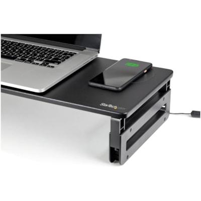 StarTech.com Monitor Riser Stand with Wireless Charging Pad, 15W Qi Charger for Phone, Height Adjustable Computer Monitor Riser for Desk - Computer monitor riser stand with wireless charging has 23.6x9.8in surface - Up to 33lb - Integrated 15W Qi certified charger pad for smartphone - Height adjusta  