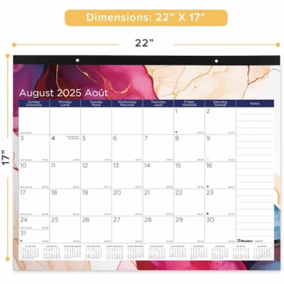 Blueline Foliage Academic 12-Month Desk Pad Calendar, 22" x 17" , Bilingual - Academic - Monthly - August 2024 to July 2025 - 1 Month Single Page Layout - Desk Pad - Chipboard - 22" (558.80 mm) Height x 17" (431.80 mm) Width - Top Bound, Reinforced Corner, Tear-off, Bilingual, Daily Block, Reference  