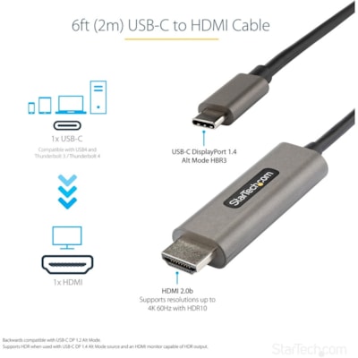 StarTech.com 6ft (2m) USB C to HDMI Cable 4K 60Hz with HDR10, Ultra HD USB Type-C to HDMI 2.0b Video Adapter Cable, DP 1.4 Alt Mode HBR3 - 6.6ft/2m USB C (DisplayPort 1.4 Alt Mode HBR3) to HDMI 2.0b video adapter cable - 4K 60Hz w/ HDR10/7.1 Audio/HDCP 2.2/1.4; 1080p - USB-C to HDMI cable tested w/  ZCABL 