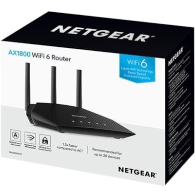 Netgear RAX10 Wi-Fi 6 IEEE 802.11ax Ethernet Wireless Router - Dual Band - 2.40 GHz ISM Band - 5 GHz UNII Band - 225 MB/s Wireless Speed - 4 x Network Port - 1 x Broadband Port - Gigabit Ethernet - VPN Supported  
