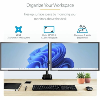 StarTech.com Desk Mount Dual Monitor Arm, Height Adjustable Monitor Mount for 2x VESA Displays up to 32" (17.6lb/8kg), Mechanical Spring - VESA 75x75/100x100mm desk mount dual monitor arm for 2x 32 inch (16:9) displays (17.6lb each) - Clamp/Grommet; Detachable VESA plates - Articulating ergonomic mo  MNT 