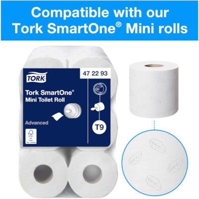 TORK SmartOne Mini Toilet Paper Roll Dispenser White T9 - 8.62" (218.95 mm) Height x 8.62" (218.95 mm) Width x 6.14" (155.96 mm) Depth - Plastic - White - Hygienic, Long Lasting, Refillable - 1 Pack TOILET ROLL DISPENSER P/E WHT DISPENSER
