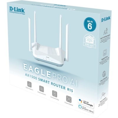 D-Link EAGLE PRO AI R15 Wi-Fi 6 IEEE 802.11ax Ethernet Wireless Router - Dual Band - 2.40 GHz ISM Band - 5 GHz UNII Band - 4 x Antenna(4 x External) - 192 MB/s Wireless Speed - 3 x Network Port - 1 x Broadband Port - Gigabit Ethernet - Desktop ER 