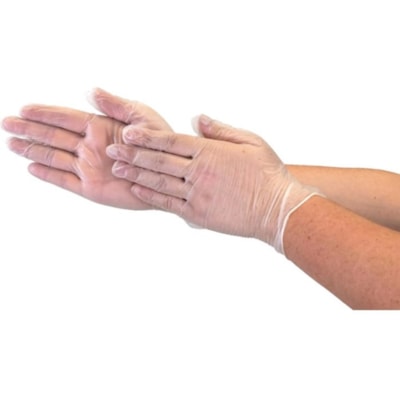 Globe Disposable Vinyl Gloves Clear Medium 100/box - 4 mil (0.10 mm) Thickness x 9.06" (230.12 mm) Glove Length - Chemical Protection - Medium Size - For Right/Left Hand - Clear - Latex-free, Water Proof, Allergen-free, Durable, BPA-free - For Food, Beauty Salon, General Purpose, Industrial, Paintin POWDER FREE  4 MIL BOX OF 100