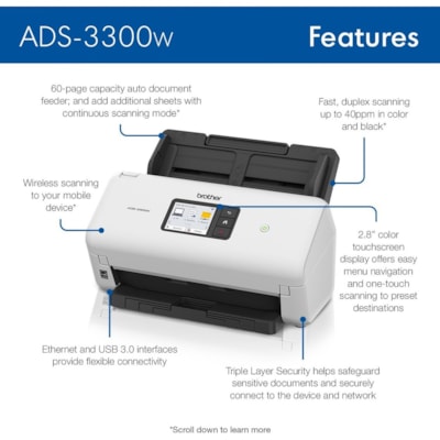 Brother ADS-3300W Sheetfed Scanner - 600 x 600 dpi Optical - 48-bit Color - 40 ppm (Mono) - 40 ppm (Color) - PC Free Scanning - Duplex Scanning - USB  