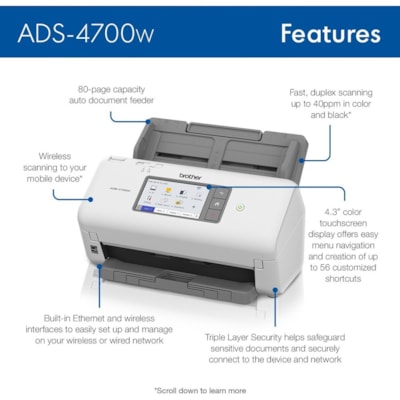 Brother - Numériseur à défilement ADS-4700W - 600 x 600 dpi Optique - 48 Bits Couleur - 40 ppm (Mono) - 40 Page(s) Par Minute (mode Couleur) - Numérisation recto-verso - USB  