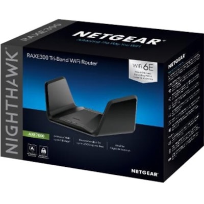 Netgear Nighthawk RAXE300 Wi-Fi 6E IEEE 802.11 a/b/g/n/ac/ax Ethernet Wireless Router - Tri Band - 2.40 GHz ISM Band - 5 GHz UNII Band - 6 x Antenna(6 x Internal) - 998.40 MB/s Wireless Speed - 5 x Network Port - 1 x Broadband Port - USB - 2.5 Gigabit Ethernet - VPN Supported  WRLS 