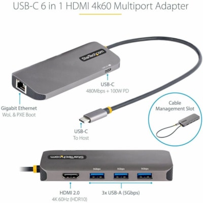 StarTech.com USB C Multiport Adapter, 4K 60Hz HDMI HDR10 Video, 3 Port 5Gbps USB 3.2 Hub, 100W PD PassThrough, GbE, Mini Travel Dock - USB C multiport adapter to 4K 60Hz HDMI video HDR with DP 1.4 Alt-Mode - 3x USB-A 5Gbps | 100W USB PD Pass-Through laptop charging - 12in cable - Portable Type-C min ZACCS 