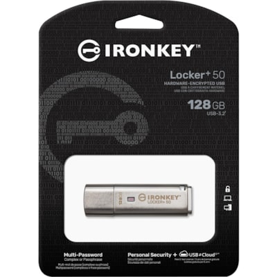 IronKey Locker+ 50 USB Flash Drive - 128 GB - USB 3.2 (Gen 1) Type A - 145 MB/s Read Speed - 115 MB/s Write Speed - Silver - XTS-AES, 256-bit AES - 5 Year Warranty   EXT 