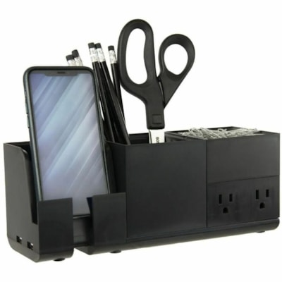 Bostitch Konnect Stackable Desk Organizer + Power Station, 4-Piece, Black - Stackable, Modular, USB Hub, Cable Management, Non-slip Feet, Non-skid Base - Rubber, Plastic - 1 DESK ORGANIZER & POWER BASE BLACK