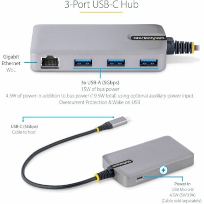 StarTech.com 3-Port USB-C Hub with Ethernet, 3x USB-A Ports, GbE, 5Gbps, Bus-Powered, 1ft/30cm Cable, Portable USB Type-C Expansion Hub - Portable Bus-Powered USB-C Expansion Hub/Gb Ethernet Adapter (WoL/Jumbo Frames/V-LAN Tagging) for laptop/desktop - 3-Port USB-A 3.2 Gen 1 5Gbps - USB ports provid  PERP 