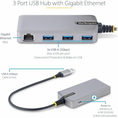 StarTech.com 3-Port USB Hub with Ethernet, USB-A Ports, Gigabit Ethernet/GbE, 5Gbps, Bus-Powered, 1ft/30cm Cable, Portable Laptop USB Hub - Portable USB Expansion Hub w/Gb Ethernet RJ45 (WoL/Jumbo Frames/V-LAN Tagging) for laptop/desktop - 3x USB-A 3.2 Gen 1 5Gbps - Bus-powered dongle (4.5W power pr  