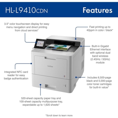 Brother Workhorse HL HL-L9410CDN Desktop Wireless Laser Printer - Color - 42 ppm Mono / 42 ppm Color - 2400 x 600 dpi Print - Automatic Duplex Print - 620 Sheets Input - Ethernet - Apple AirPrint, Mopria, Wi-Fi Direct, Brother Mobile Connect - 120000 Pages Duty Cycle - Plain Paper Print - Gigabit Et  PRNT 
