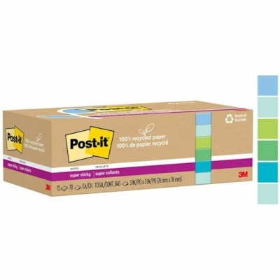 Post-it® - Notes super collantes recyclées - 70 - largeur de drapeau/note 3 po (76,20 mm) x longueur de drapeau/note 3 po (76,20 mm) - Carré - 70 Feuilles par bloc - Adhésif - Recyclé - 12 / emballage 3 IN X 3 IN  OASIS COLLECTION 12 PADS  70 SHEETS/PAD