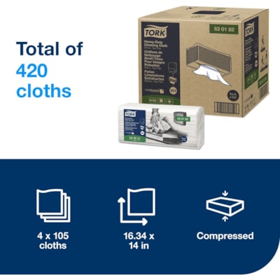 TORK - Chiffon de nettoyage 530182 - 1 Pli - largeur de 13,98 po (354,99 mm) x longueur de 16,34 po (415,01 mm) - Blanc - Cellulose, Polyester, Polypropylène - 120 / emballage 14 PO X 16 PO  1 ÉPAISSEUR POUR USAGES ROBUSTES  BLANC