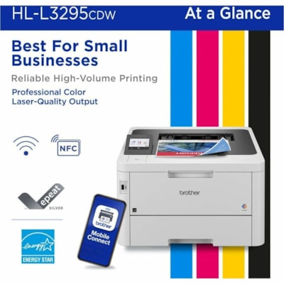 Brother HL-L3295CDW Desktop Wireless Laser Printer - Color - 31 ppm Mono / 31 ppm Color - 2400 x 600 dpi class - Automatic Duplex Print - 250 Sheets Input - Ethernet - Wireless LAN - Wi-Fi Direct, Apple AirPrint, Mopria, Brother Mobile Connect - 50000 Pages Duty Cycle - Plain Paper Print - Gigabit E  