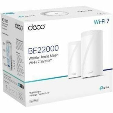 TP-Link Deco BE85 BE22000 Wi-Fi 7 IEEE 802.11be Ethernet Wireless Router - Tri Band - 2.40 GHz ISM Band - 6 GHz UNII Band - 8 x Antenna(8 x Internal) - 2.63 GB/s Wireless Speed - 2 x Network Port - 2 x Broadband Port - USB - 10 Gigabit Ethernet - VPN Supported 7WRLS 