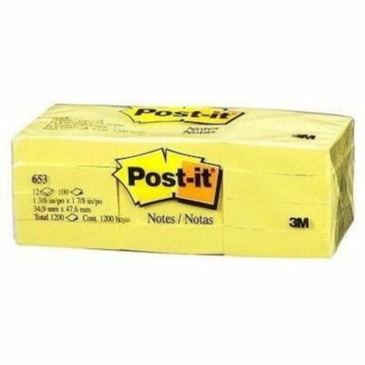 Post-it® Adhesive Note - 1 1/2" (38 mm) Flag/Note Width x 2 1/64" (51 mm) Flag/Note Length - Rectangle - 100 Sheets per Pad - Yellow - Indispensable, Removable - 12 / Pack REMOVABLE STICKS TO MOST SURFACES 100/PAD
