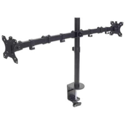Manhattan TV & Monitor Mount, Desk, Full Motion, 2 Screens, Screen Sizes: 10-27" , Black, Clamp Assembly, Dual Screen, VESA 75x75 to 100x100mm, Max 8kg (each), Lifetime Warranty - Holds Two 13" to 32" LCD Monitors up to 8 kg (17 lbs.), Black, packaging type: retail box or Mount with Double-Link Swin g Arms Holds Two 13i